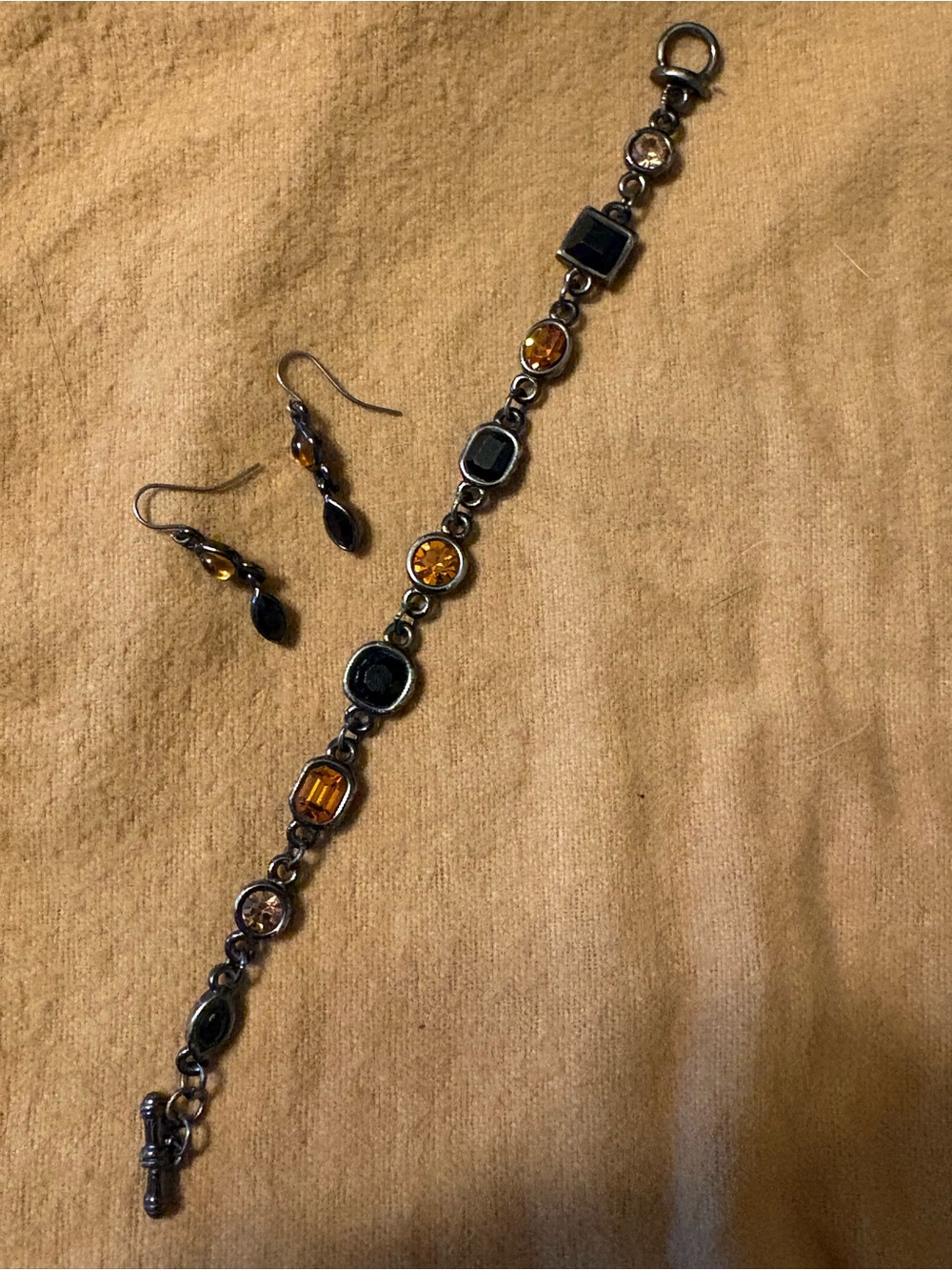 Gemstone Accent Black and Amber Bracelet with Matching Earrings